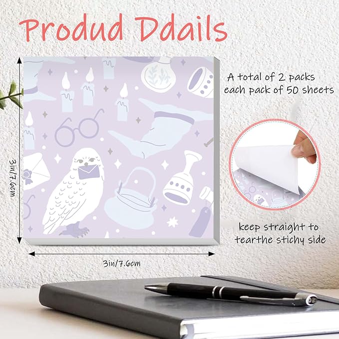 Sticky Notes 3x3 Inches, 2 Pads Cute Colorful Self-Stick Note Pads, Easy to Post for Home, Office and Daily Life Organization Cute Purple Bird