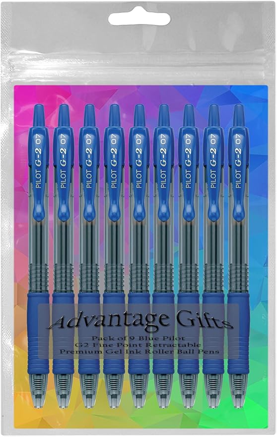 G2 Retractable Premium Gel Ink Roller Ball Pens Fine Point Fine Point (.7mm) Blue Ink 9-pk; Refillable & Premium Comfort Grip Bundle with Plastic Reusable Pouch