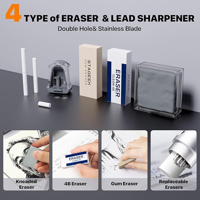 35Pcs Art Mechanical Pencil Set with Case, 0.5 0.7 0.9 2.0 Graphite Metal Drawing Drafting Pencils, Sharpener Erasers 384PCS Lead Refills (6B 4B 2B HB 2H 4H Colors)Pencils for Writing Sketching,Silver