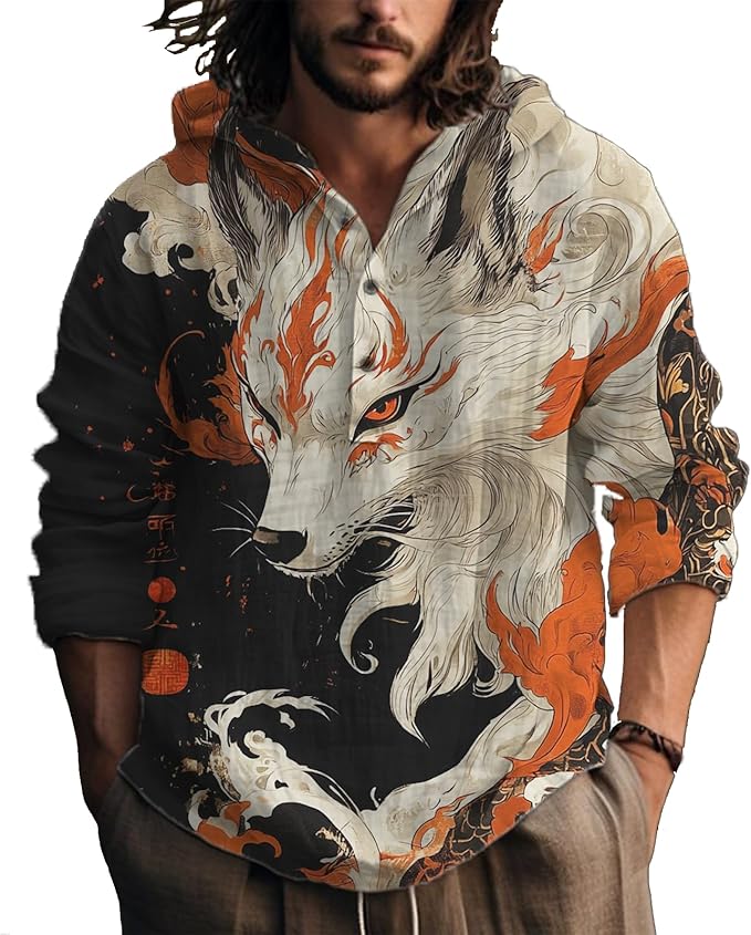 MARSVOVO Hooded Long Sleeve Shirt Men Fashion Graphic Button Up Lightweight Big and Tall Casual Vacation Shirts for Men
