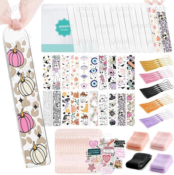 YOPPIX 180 Pcs Acrylic Bookmark Blanks- 20 Set Bookmark Making Kit with 20 UV DTF Stickers About Halloween Theme 20 Tassels 20 Ribbon 80 Bookish Stickers for DIY Your Crafts Gift for Book Lover