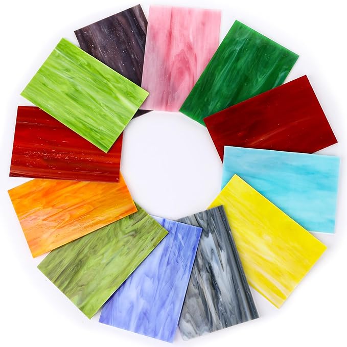 12 Sheets Opaque Stained Glass Bulk Variety Pack, 4 x 6 Inch Mosaic Glass Tiles for Crafts, Assorted Colors Cathedral Art Glasses Sheets for Stained Glass Making Projects