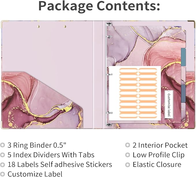 Ospelelf 3 Ring Binder, 1/2 Inch, Pink Marble, Letter Size (11" x 8.5"), 5 Tab Dividers, File Folder Labels, Low Profile Clipboards