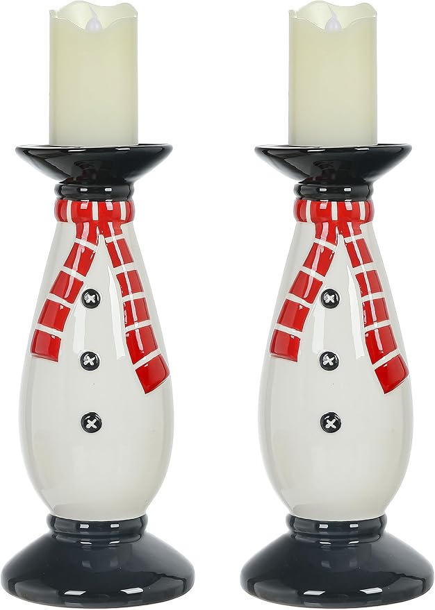 Set of 2 Christmas Hand-Painted Ceramic Large Candle Holders for Pillar Candles (Snowman)