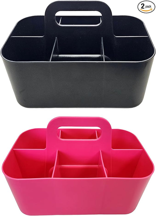 2 Pack Small 6 Compartment Multiuse Caddy Organizer with Handle Art Craft Supplies, Office, Desk, Stationery Pen Holder Stackable- Made In USA (Black/Pink)