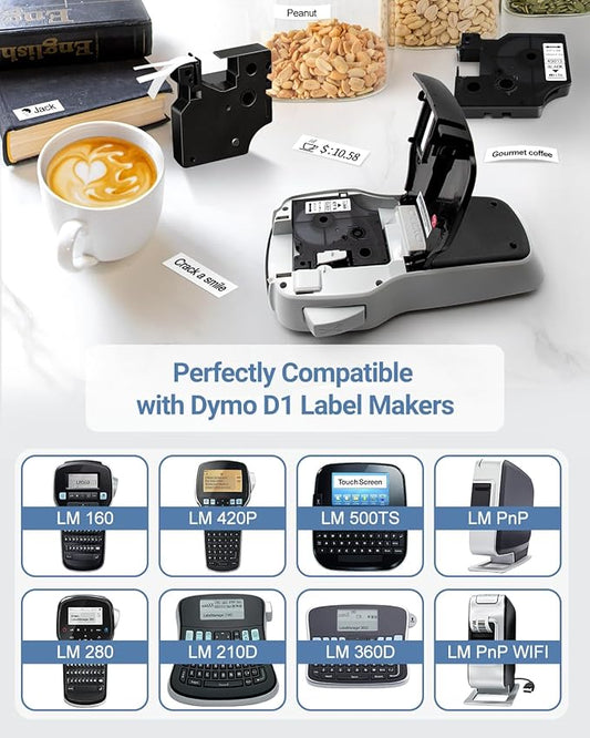 5 x 45013s Replacement for DYMO D1 Label Tape 1/2 Inch x 23 Ft, Black on White, 45013 D1 Label Maker Refills for DYMO LabelManager 160 210D 260P 280 360D 420P 450D (S0720530 12mm x 7m)
