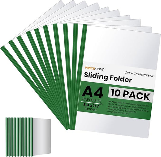 PERFORMORE Clear Report Covers, 10 Pcs Transparent Presentation File Folders, Plastic File Folder with Sliding Bar, A4 Paper Size with 40 Sheet Paper Capacity