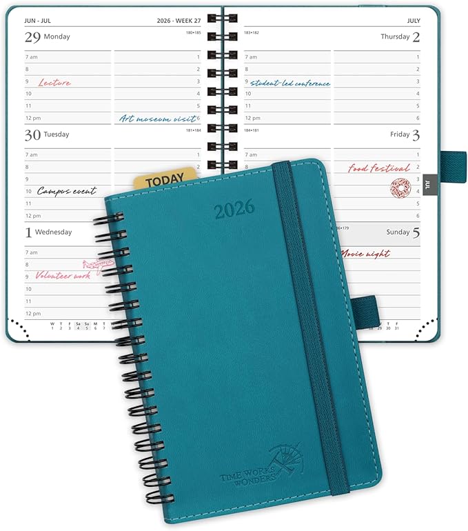 POPRUN Pocket 2026 Planner (Small Size- 4'' x 6.25'') Weekly and Monthly for Purse - Calendar 2026 (Jan. 2026 - Dec.2026) with Soft Cover, Plastic Ruler - Pacific Green