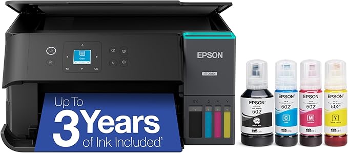 Epson EcoTank ET-2980 Wireless All-in-One Color Supertank Printer with up to 3 Years of Ink, Refillable Tanks, Perfect for Home, 15 PPM, 1.44" Color Screen, Auto 2-Sided Printing - Black