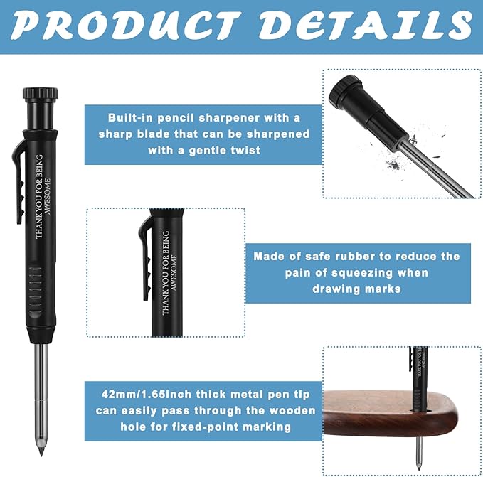 Colarr 10 Pcs Mechanical Carpenter Pencil with 60 Refill Deep Hole Mechanical Pencil Marker with Sharpener Black Solid for Carpentry Architect Birthday Thanksgiving Gift