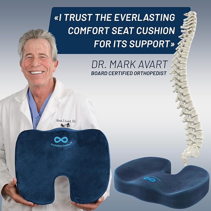 Everlasting Comfort Doctor Recommended Memory Foam Seat Cushion for Office Chairs & Car Seat - Ergonomic Office Desk Accessories for Tailbone Pain Relief, Sciatica & Back Support