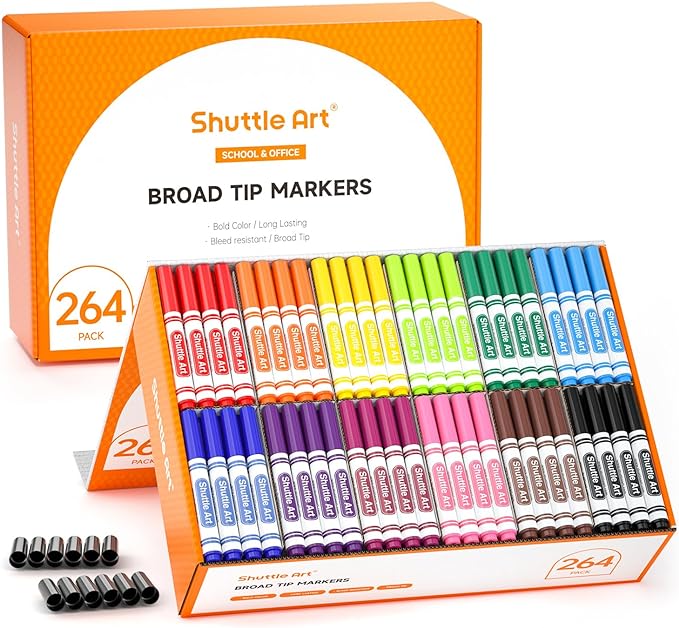 Shuttle Art 264 Pack Washable Markers, 12 Assorted Colors Broad Line Conical Tip Large Markers Bulk with a Box, Bonus Caps, Home Classroom School Supplies for Toddlers Kids Adults Students Teachers
