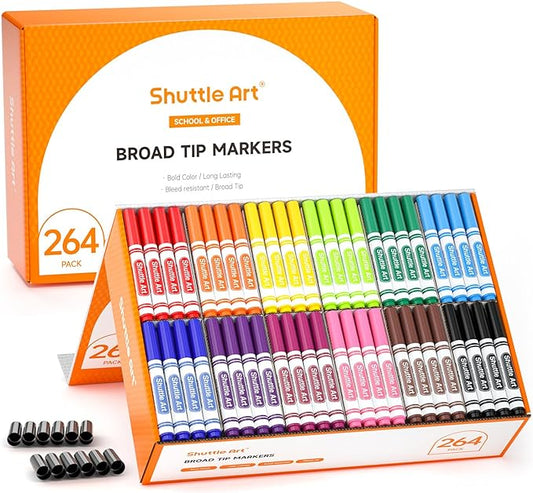 Shuttle Art 264 Pack Washable Markers, 12 Assorted Colors Broad Line Conical Tip Large Markers Bulk with a Box, Bonus Caps, Home Classroom School Supplies for Toddlers Kids Adults Students Teachers