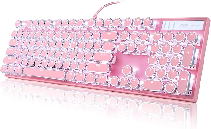 Camiysn Typewriter Style Mechanical Gaming Keyboard, Pink Retro Punk Gaming Keyboard with White Backlit, 104 Keys Blue Switch Wired Cute Keyboards, Round Keycaps for Windows/Mac/PC