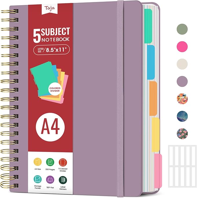 Hardcover Spiral Journal Notebooks for Work With Removable Dividers & Tabs, 8.5"x11" 5 Subject Notebook for Note Taking & Organizer, A4 College Ruled Lined Journal for Women & Writing, Purple, 280 Pages
