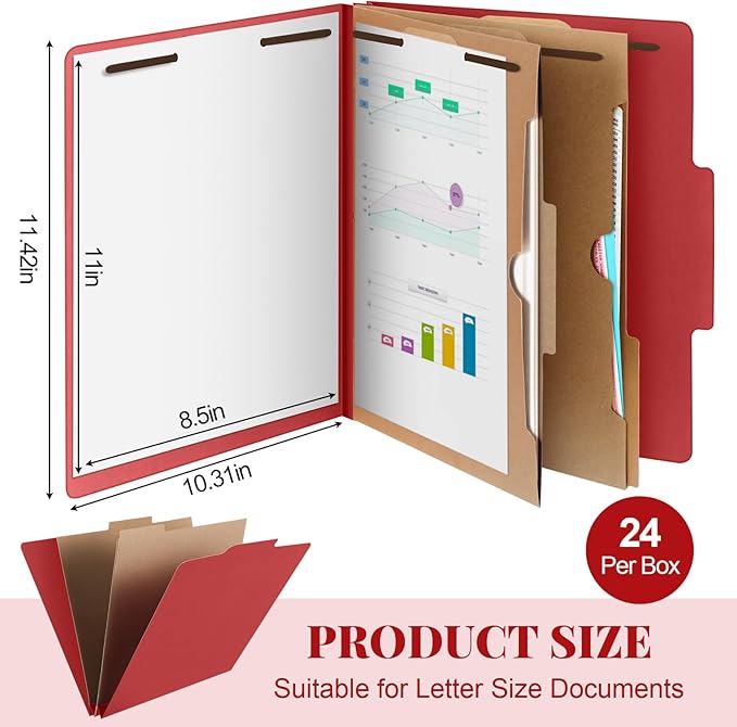 Skyygemm 24 Pcs Classification Folders Letter Size, 2 Pocket Dividers Pressboard File Folder with Fasteners, Expanding File Organizer Bulk for Teachers, Clergy, Office, Church, Christmas (Red)