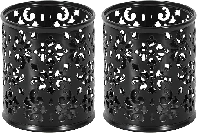 EasyPAG 2-Pack Round Carved Hollow Pen Holder with Non-Slip Base, 3.75" Vibrant Desk Organizer for Office/Home/Makeup, Black