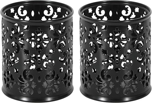 EasyPAG 2-Pack Round Carved Hollow Pen Holder with Non-Slip Base, 3.75" Vibrant Desk Organizer for Office/Home/Makeup, Black