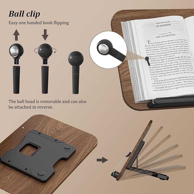 Book Stand for Reading, JaoNanl Adjustable Book Display Stand, Foldable Cookbook Stand with Elastic Page Clips, Multifunctional Display Stand for Office, Music Scores, Recipe, Tablet, Laptop