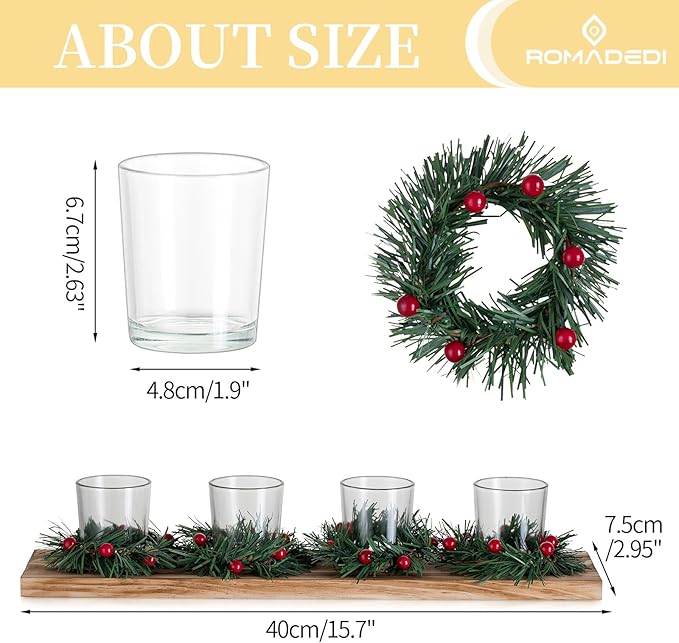 Christmas Candle Holder for Table Centrepiece Decoration: Romadedi Rustic 4 Tealight Holders with Mini Christmas Wreaths Wooden Tray for Xmas Winter Dinner Table Home Decor Gift 16.5 Inches