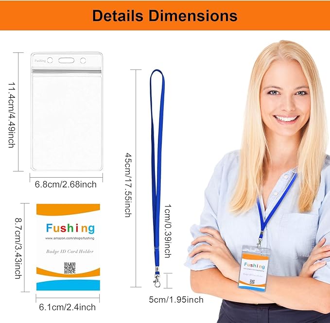 Fushing 50pcs Clear Plastic Vertical Name Tags Badge ID Card Holders and Blue Neck Lanyards with Swivel Hook for School, Festival, Event (S)