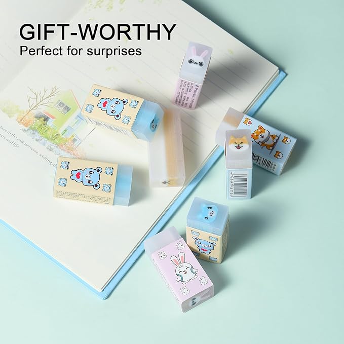 18Pcs Cute Animal Erasers for Kids Bulk, Kawaii Fun Pencil Jelly Erasers for School Classroom Supplies Prize Gifts Party Favors