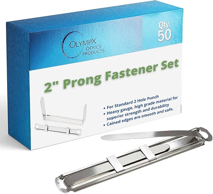OLYMPX 50 Pcs of 2” Capacity Premium Metal Prong Paper Fastener Complete Set, 2.75 Inch Base with Standard 2-Hole Punch Compressor for Paper File Folder, 50 per Box