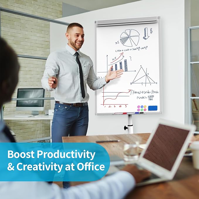 Mobile Dry Erase Board 40 x 28 inch, Magnetic Whiteboard on Height Adjustable Stand Dry Erase Easel Board with Flipchart Pad