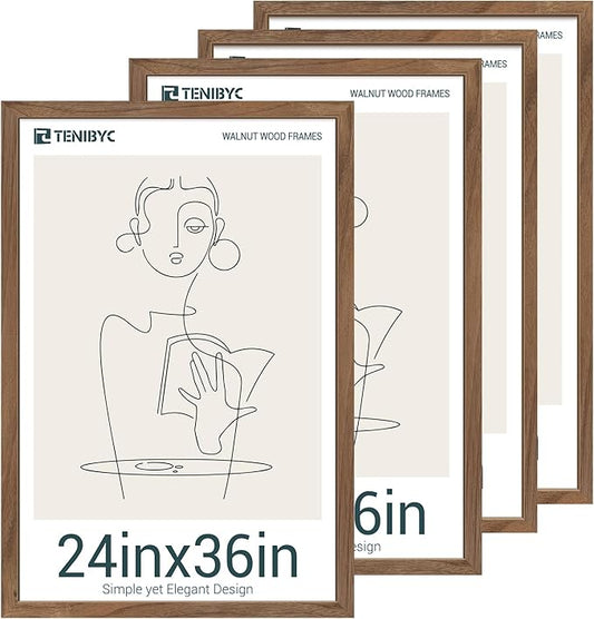 24x36 Poster Frame 4 Pack, Brown Walnut Wood Picture Frame, Suitable for Photos, Puzzles, Paintings & Maps, Wall Hanging