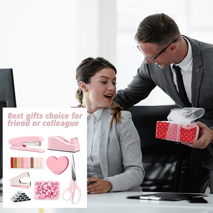 Pink Stapler and Tape Dispenser Set - Office Accessory Kit, Gift for Women, Coworkers, Boss Lady, Clerks