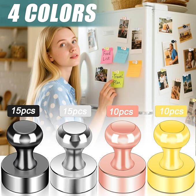 50 Pack Fridge Magnets, 4 Color Small Strong Rare Earth Magnets for Whiteboard, Push Pin Neodymium Magnet Refrigerator Magnet for Office, Classroom, Kitchen, Home