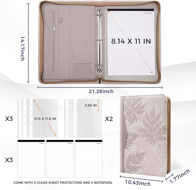 Padfolio Portfolio Folder Binder-Organizer Planner Notebook Zippered Portfolio Padfolio for Women & Men with Document Sleeve,Letter/A4 Size Clipboard,Business Card Holders (Brown Leaf)