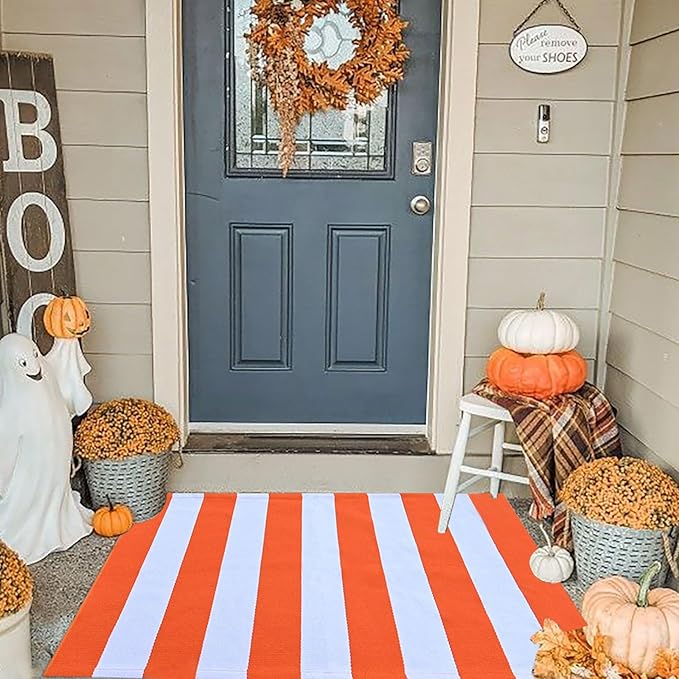 Orange and White Rug Halloween Fall Front Door Rug Hand Woven Area Rugs Washable Outdoor Doormats Indoor Entrance Mat for Front Porch Kitchen Entryway Patio Holiday