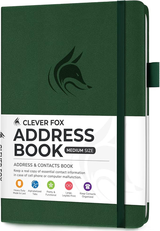 Clever Fox Address Book with alphabetic tabs - PU Leather Telephone and Address Book for Keeping Contacts Safe, Contact Organizer Journal, Medium Size (5.3″ x 7.7″) Hardcover, Forest Green