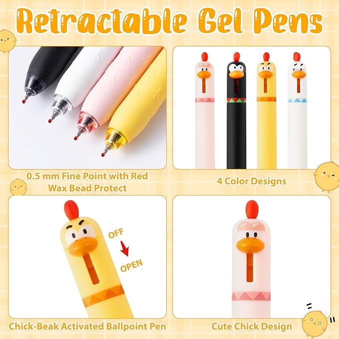 Funny Chicken Gift Accessories - 10Pcs Cute Knitted Chick Stress Relief Stationery Set Lovely Retractable Gel Pens Zipper Organizer Pen Pouch for Kids Birthday Party Gift Student Reward Supply