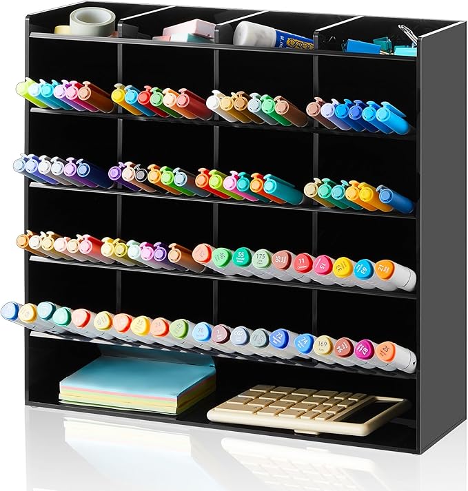 Acrylic Pen Organizer Storage for 250 Markers Vertical Marker Organizer Acrylic Pen Display Holder for Office Desk Desktop Stationery Pencil Storage, Black, 13 x 4 x 12.4 Inch