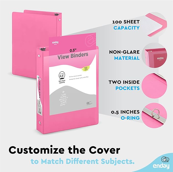 ½ Inch 3 Ring Binder .5 inch Pink Clear View Cover with 2 Inside Pockets, Colored School Supplies Office and Home Binders – by Enday