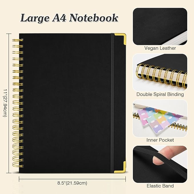 Bullet Dotted Journal Spiral Notebook, 300 Pages Leather Notebooks with Contens, 120 GSM Thick No Bleed Through Paper Journals, A4 Large Dot Grid Notebook for Women Men Work Writing, 8.5" x 11", Black