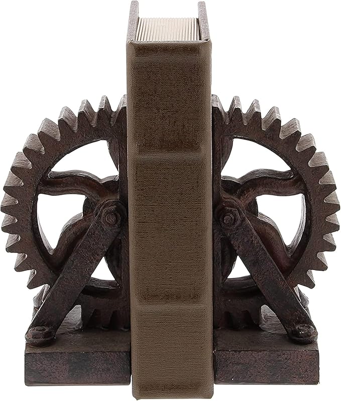 Comfy Hour Farmhouse Collection Resin Set of 2, Wheel Gear Art Bookends, Solid Heavy Weight, Brown & Black