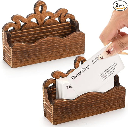 2 Pack Wood Business Card Holder for Desk, Rectangle Carved Business Card Display Stand, Opened Vintage Hollowed Desktop Business Card Display Organizer for Office, Tabletop