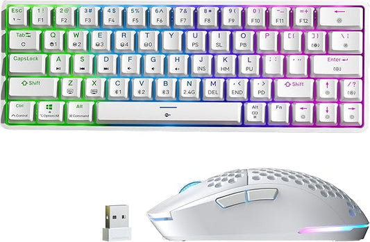 TMKB Wireless Mechanical Gaming Keyboard and Gaming Mouse, M1&T63, 24000DPI, RGB Backlit, 180Hrs Battery, 2.4G/BT5.2/USB-C Wired, Compact 63 Keys Anti-Ghosting-White
