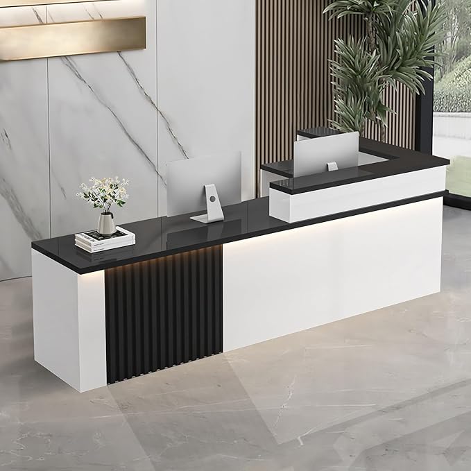 L-Shaped Receptionist Desk，Office Front Desk Reception Counter with Hidden Lighting & Storage Drawer Commercial Checkout Counter Sturdy for Salon Clinic Clothing Store