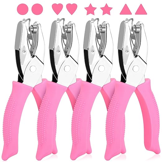 4 PCS 1/4" Hole Punchers for Crafts, Single Hole Punch Shapes with Circle Heart Star Triangle, with Soft-Handled for Binder Scrapbooking Classroom Card Punching Reinforcement Stickers