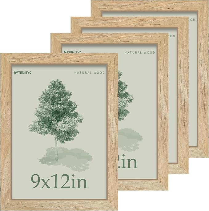 9x12 Frame 4 Pack - Natural Woodgrain, 9 x 12 Picture Frame with HD Tempered Glass, able or Wall Display