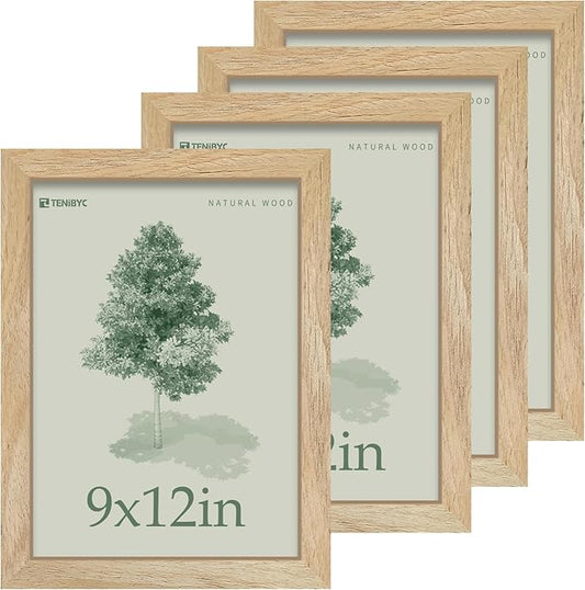 9x12 Frame 4 Pack - Natural Woodgrain, 9 x 12 Picture Frame with HD Tempered Glass, able or Wall Display