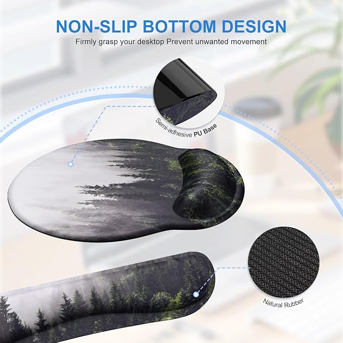 iCasso Desk Mat, Gaming Mouse Pad Wrist Support Set,4in1 XXL Large Mousepad + Keyboard Wrist Rest+Mouse Wrist Rest+Coaster Set with Ergonomic Design for Home Office Table Computer-Forest