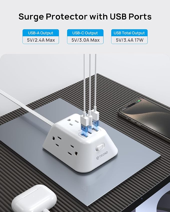 TROND Flat Plug Power Strip Surge Protector, 5FT Ultra Thin Extension Cord, 5 AC Outlets and 3 USB Ports, Wall Mountable, Compact Design for Home Office and Dorm Room Essentials