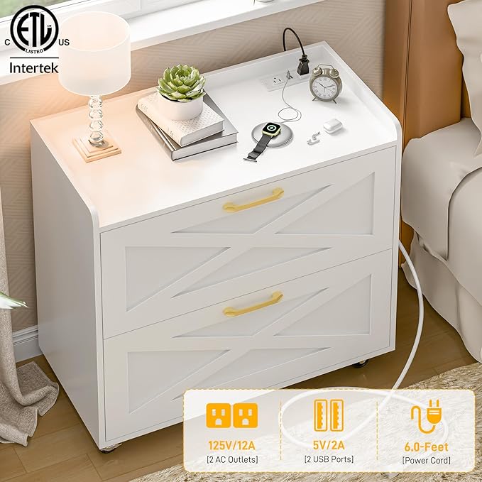 Lateral File Cabinet 2 Drawer Mobile File Cabinet with Charging Station for Legal/Letter/A4 Size Hanging Files, Modern Farmhouse Large Wood File Storage Cabinet for Home Office Furniture(Simple White)