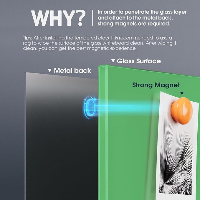 MaxGear Glass White Board 36x24, Green Wall Mounted Magnetic Glass Dry Erase Board, Large Frameless Whiteboard with 1 Eraser,3 Markers and 6 Magnets for Office, School, Home