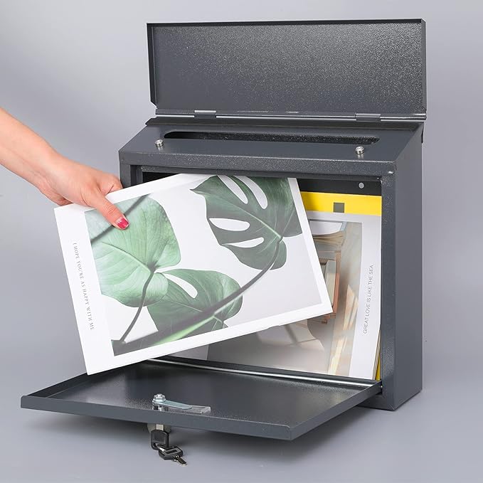 xydled Mail Boxes with Key Lock,Locking Mailbox Wall Mounted, Large Capacity, Galvanized Steel Cover Metal Postbox for House, 14 X 12.5 X 4.25 Inch, Grey